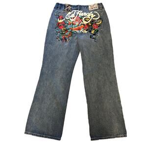 NWT Ed Hardy Women’s Multi Tattoo Baggy jean Blue Multicolor 32 Light Wash